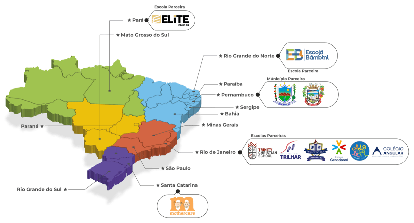Mapa do Brasil com os estados atendidos pelo Efinckids e as escolas já atendidas em cada região