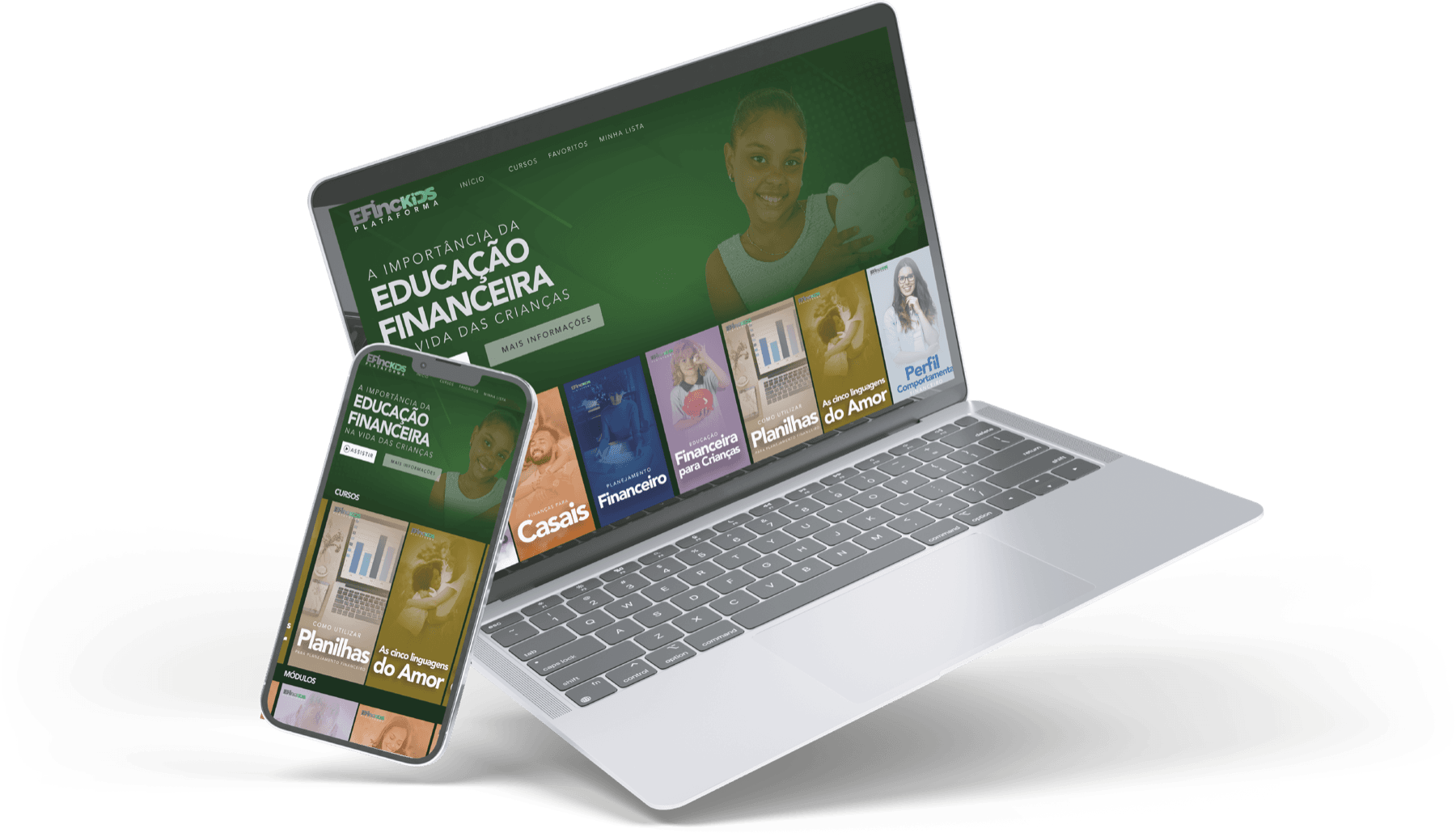 Plataforma Efinckids aberta em notebooks: área de pais e responsáveis e área de professores